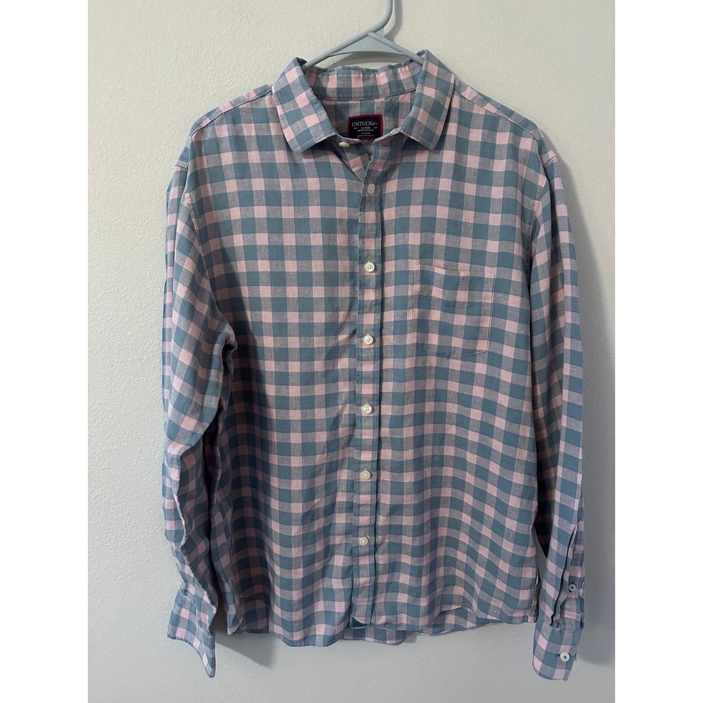 UNTUCKit Button Down Shirt Large Pink Blue Excellent Sutton WR 100% Linen Check